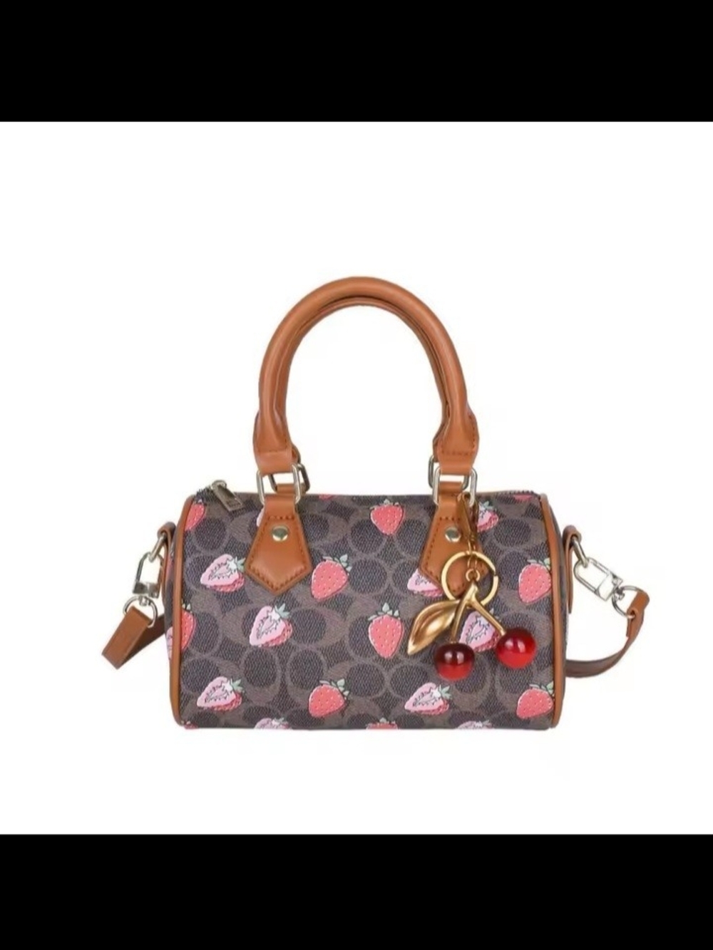 Coach Brown Strawberry-Print Mini Satchel with Cherry Charm